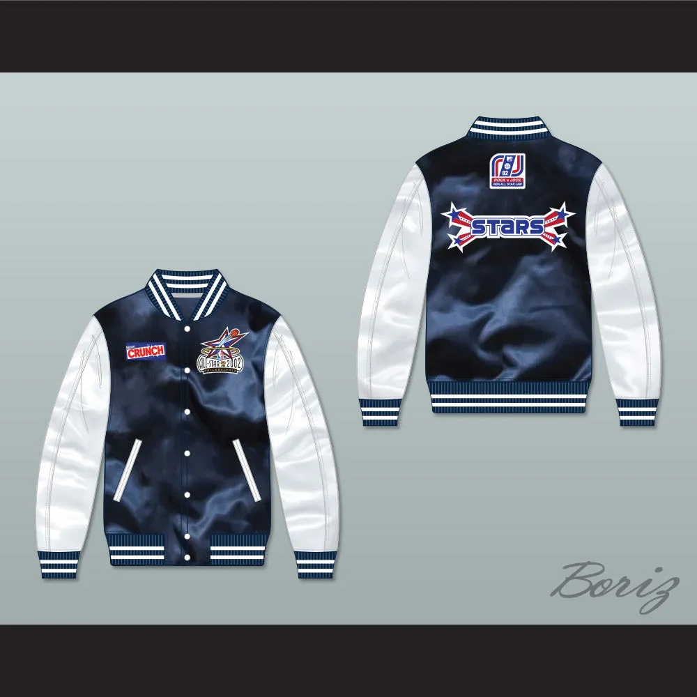 Stars Rock N' Jock All Star Jam 2002 Navy Blue/ White Varsity Letterman Satin Bomber Jacket