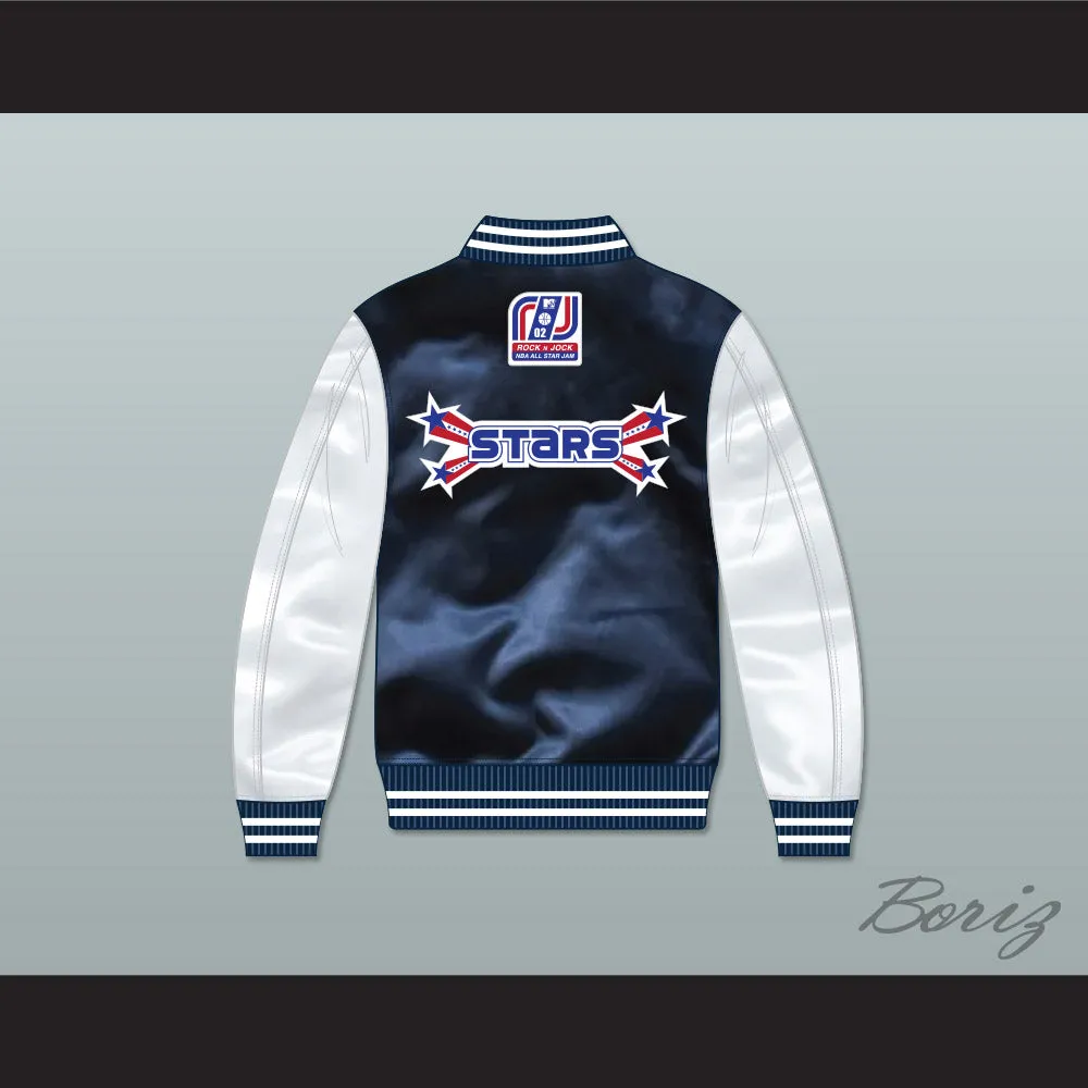 Stars Rock N' Jock All Star Jam 2002 Navy Blue/ White Varsity Letterman Satin Bomber Jacket