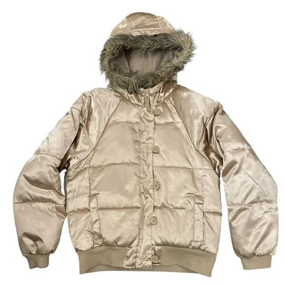 Steve &amp; Barry Double Down Gold Puffer Coat Removable Fur Womens Large Winter Ski