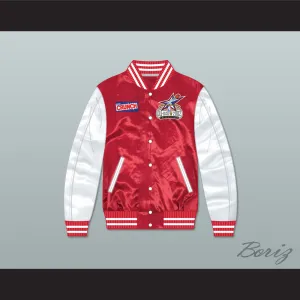 Stripes Rock N' Jock All Star Jam 2002 Red/ White Varsity Letterman Satin Bomber Jacket