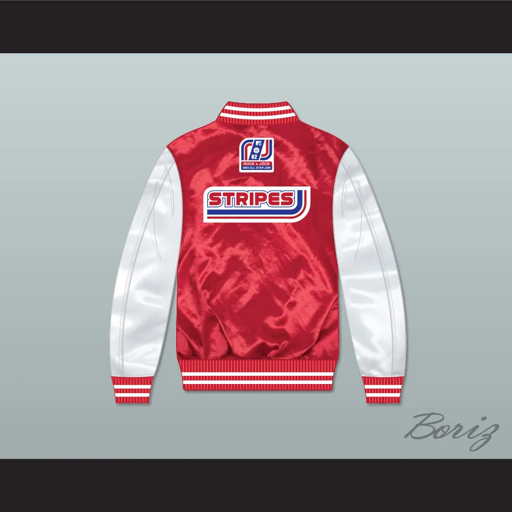 Stripes Rock N' Jock All Star Jam 2002 Red/ White Varsity Letterman Satin Bomber Jacket