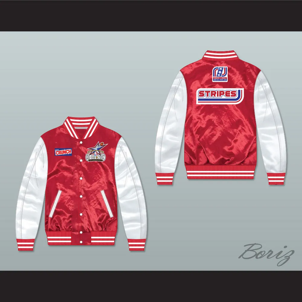Stripes Rock N' Jock All Star Jam 2002 Red/ White Varsity Letterman Satin Bomber Jacket