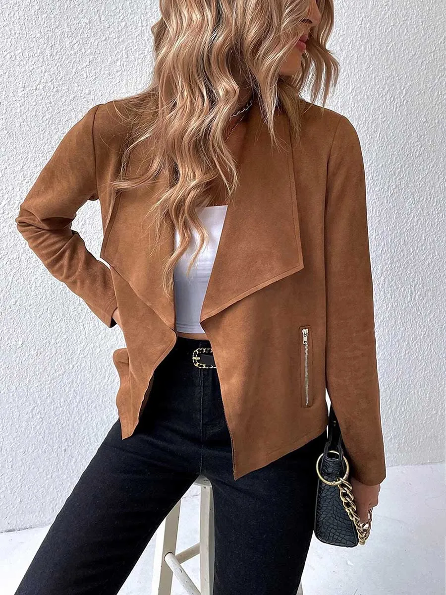Stunncal Leather Velvet Lapel Long Sleeve Zipper Jacket