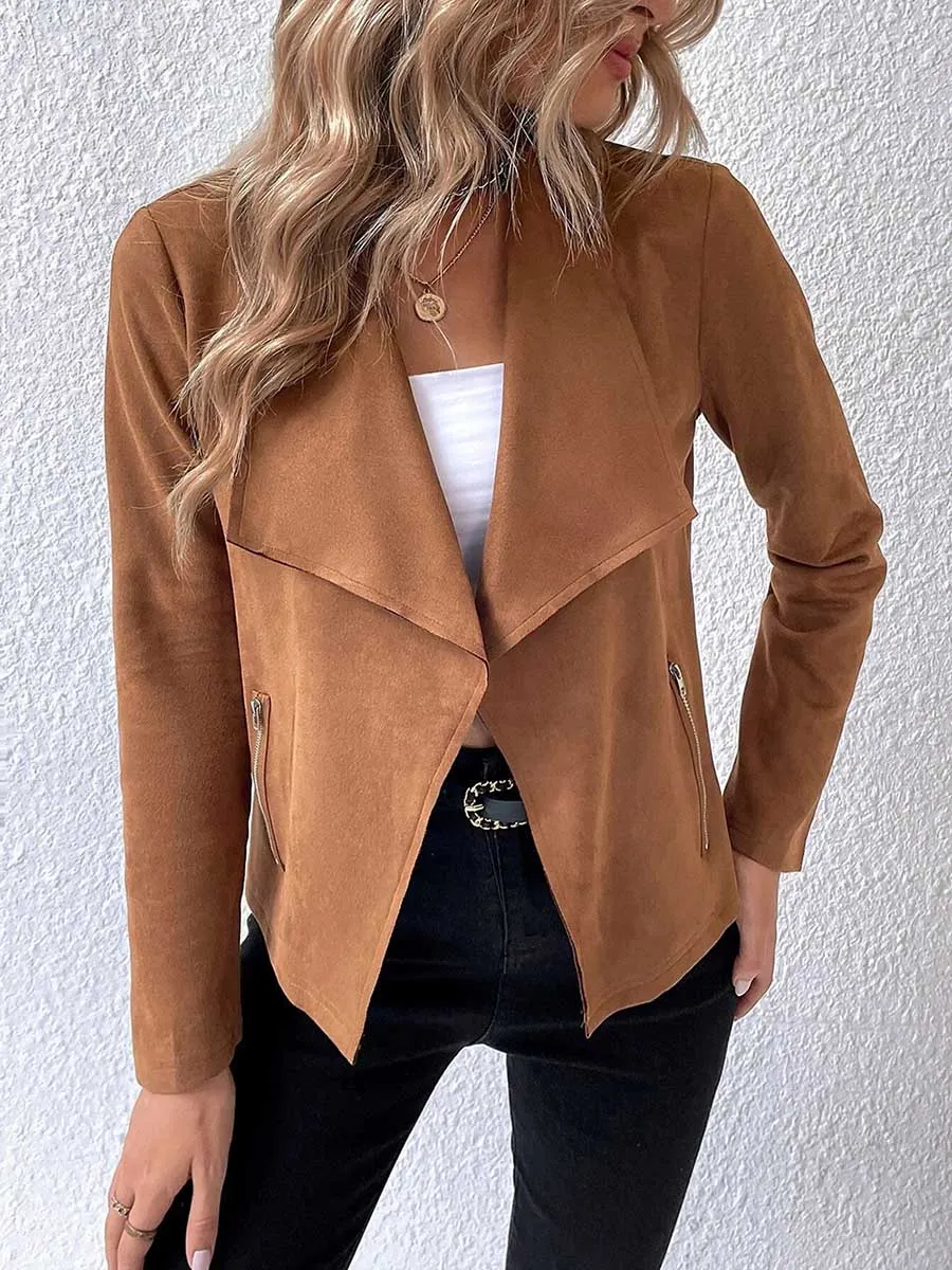 Stunncal Leather Velvet Lapel Long Sleeve Zipper Jacket
