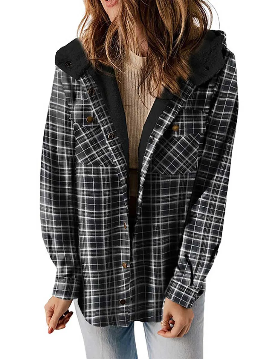 Stunncal Plaid Long Sleeve Shirt Hooded Thickened Jacket
