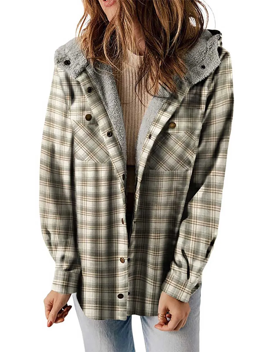 Stunncal Plaid Long Sleeve Shirt Hooded Thickened Jacket