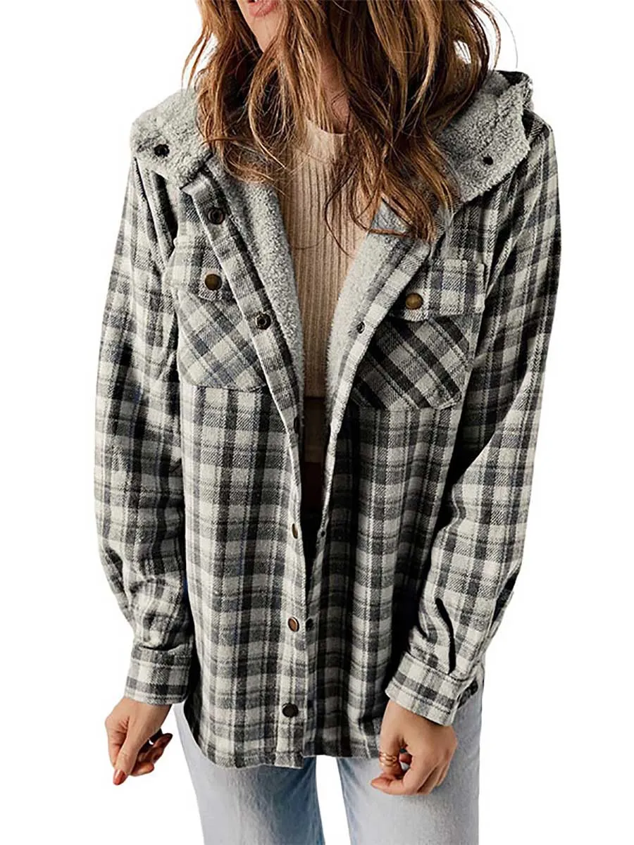 Stunncal Plaid Long Sleeve Shirt Hooded Thickened Jacket
