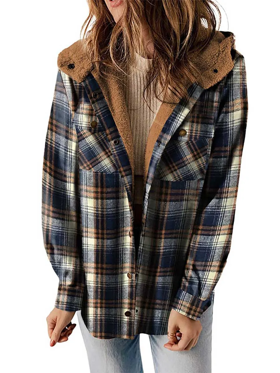 Stunncal Plaid Long Sleeve Shirt Hooded Thickened Jacket