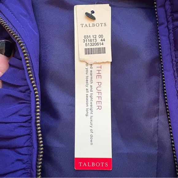 Talbots The Puffer Ruffle Front Vest Womens XS Royal Purple Warm Down Filled NWT