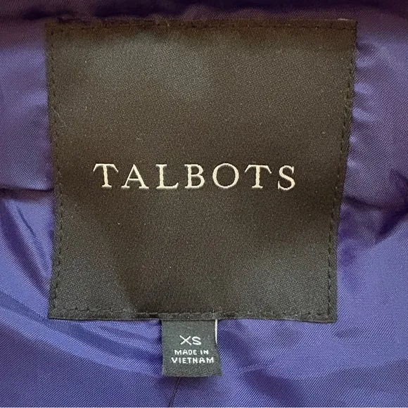 Talbots The Puffer Ruffle Front Vest Womens XS Royal Purple Warm Down Filled NWT