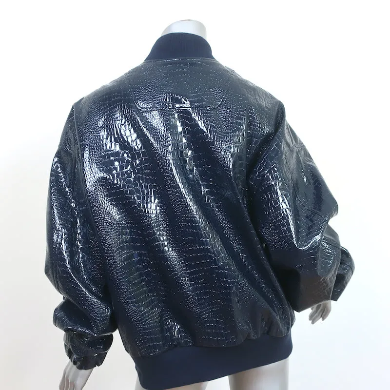 The Frankie Shop Hane Croc-Effect Faux Leather Bomber Jacket Navy Size XS/S NEW