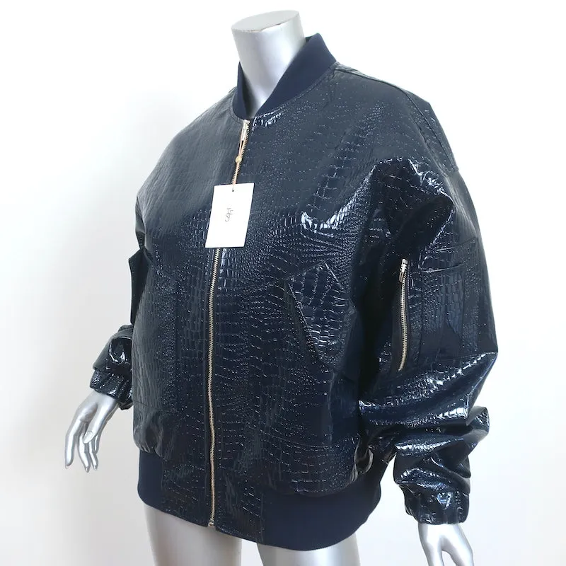 The Frankie Shop Hane Croc-Effect Faux Leather Bomber Jacket Navy Size XS/S NEW