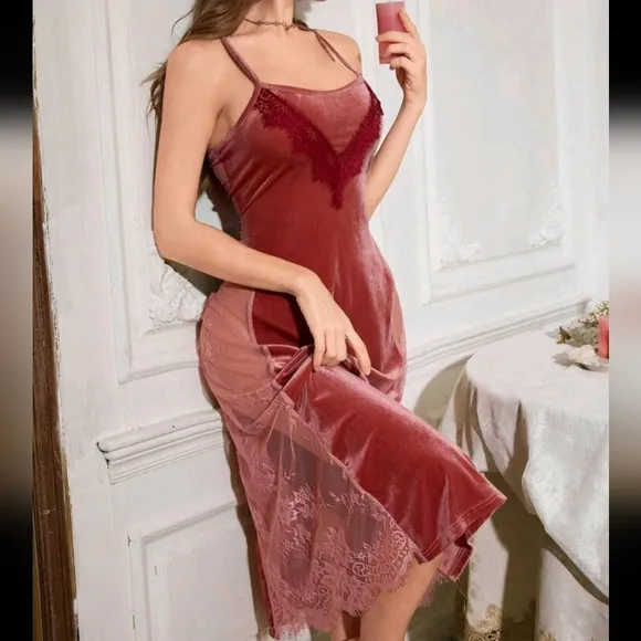 Thigh High Sheer Lace Trimmed Velvet Slip Dress