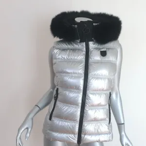 Toni Sailer Fur-Trim Hooded Down Puffer Vest Silver Size 36