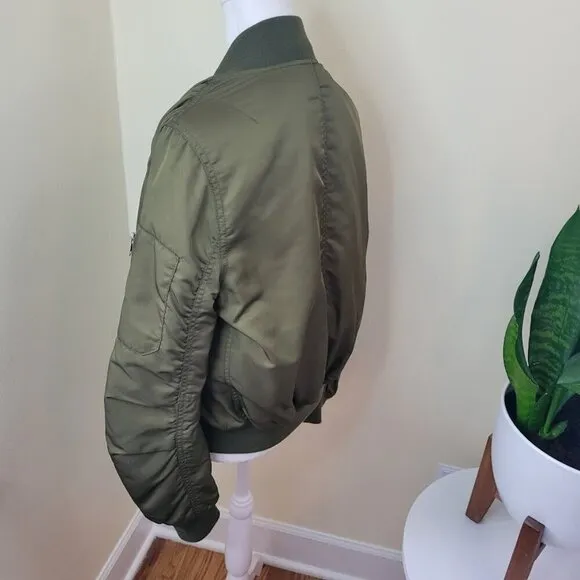 Topshop Satin Feel Bomber Jacket Olive Green Full Zip Coat Women's Size 2 XS