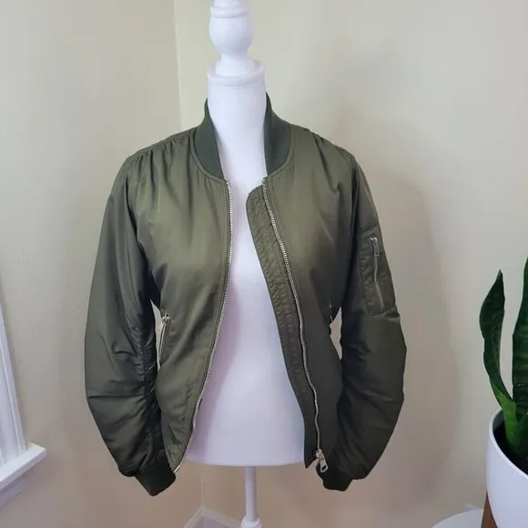 Topshop Satin Feel Bomber Jacket Olive Green Full Zip Coat Women's Size 2 XS