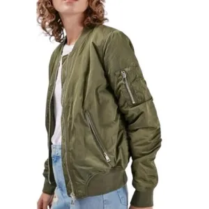 Topshop Satin Feel Bomber Jacket Olive Green Full Zip Coat Women's Size 2 XS