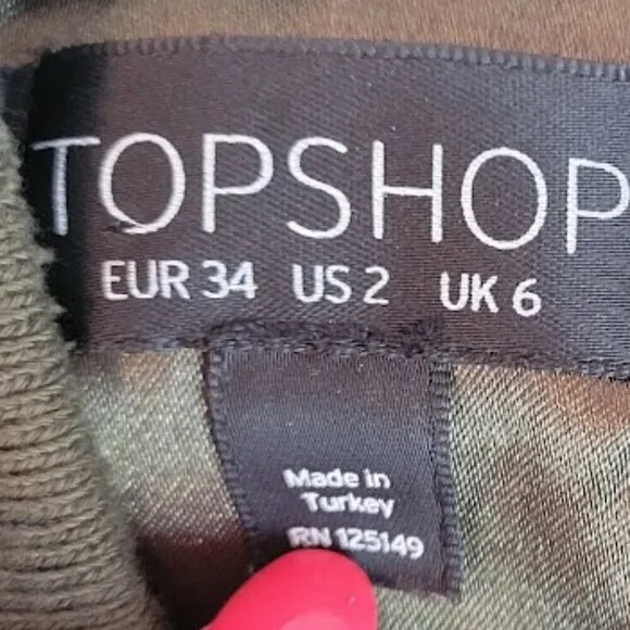 Topshop Satin Feel Bomber Jacket Olive Green Full Zip Coat Women's Size 2 XS