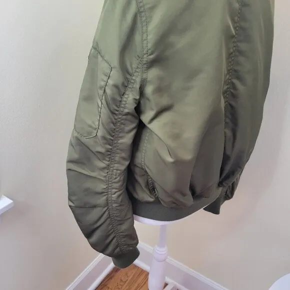 Topshop Satin Feel Bomber Jacket Olive Green Full Zip Coat Women's Size 2 XS