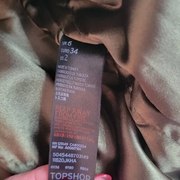 Topshop Satin Feel Bomber Jacket Olive Green Full Zip Coat Women's Size 2 XS
