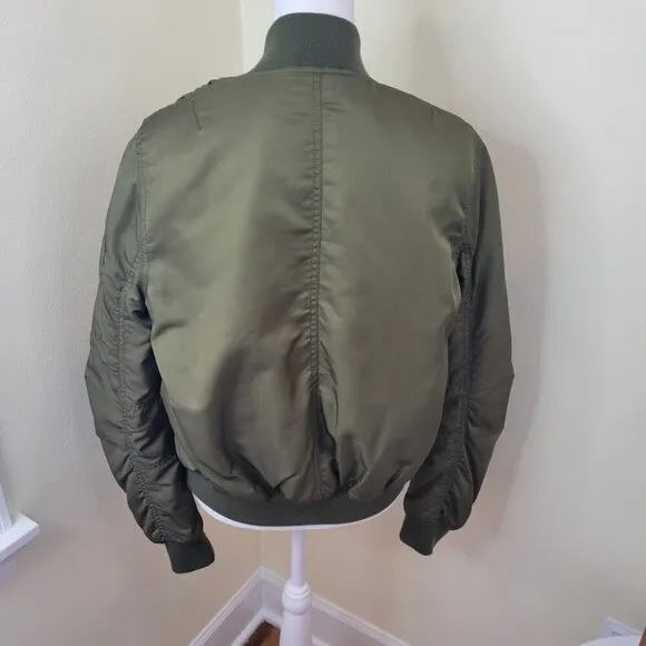 Topshop Satin Feel Bomber Jacket Olive Green Full Zip Coat Women's Size 2 XS