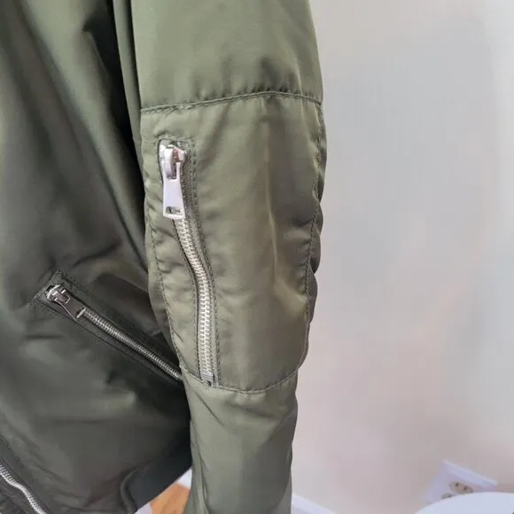 Topshop Satin Feel Bomber Jacket Olive Green Full Zip Coat Women's Size 2 XS
