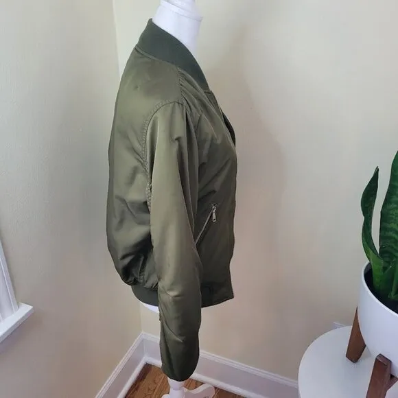 Topshop Satin Feel Bomber Jacket Olive Green Full Zip Coat Women's Size 2 XS
