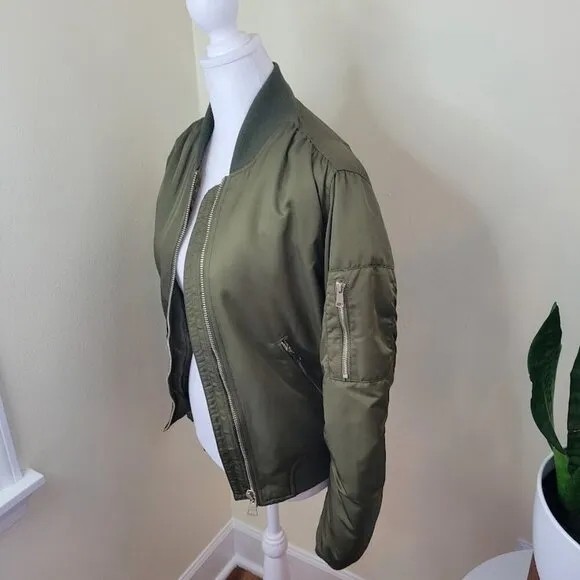 Topshop Satin Feel Bomber Jacket Olive Green Full Zip Coat Women's Size 2 XS