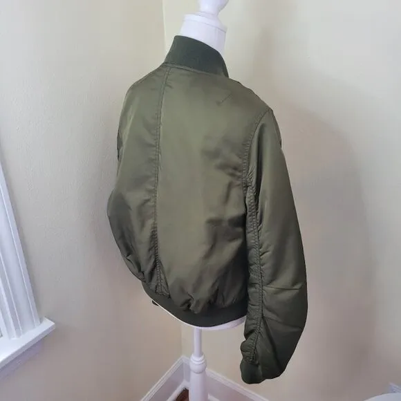 Topshop Satin Feel Bomber Jacket Olive Green Full Zip Coat Women's Size 2 XS