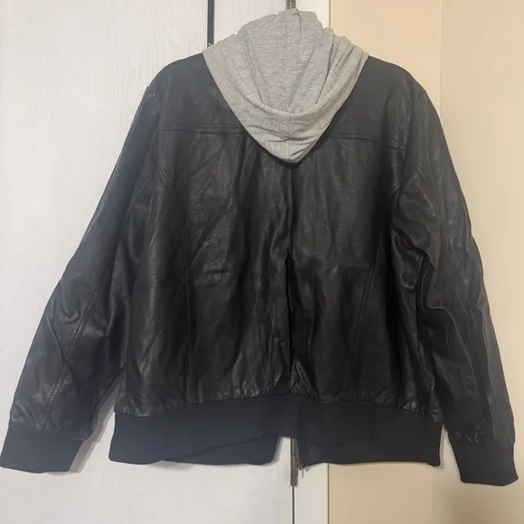 Torrid Black Leather Bomber Jacket with Gray “Hoodie” Accents