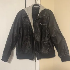 Torrid Black Leather Bomber Jacket with Gray “Hoodie” Accents