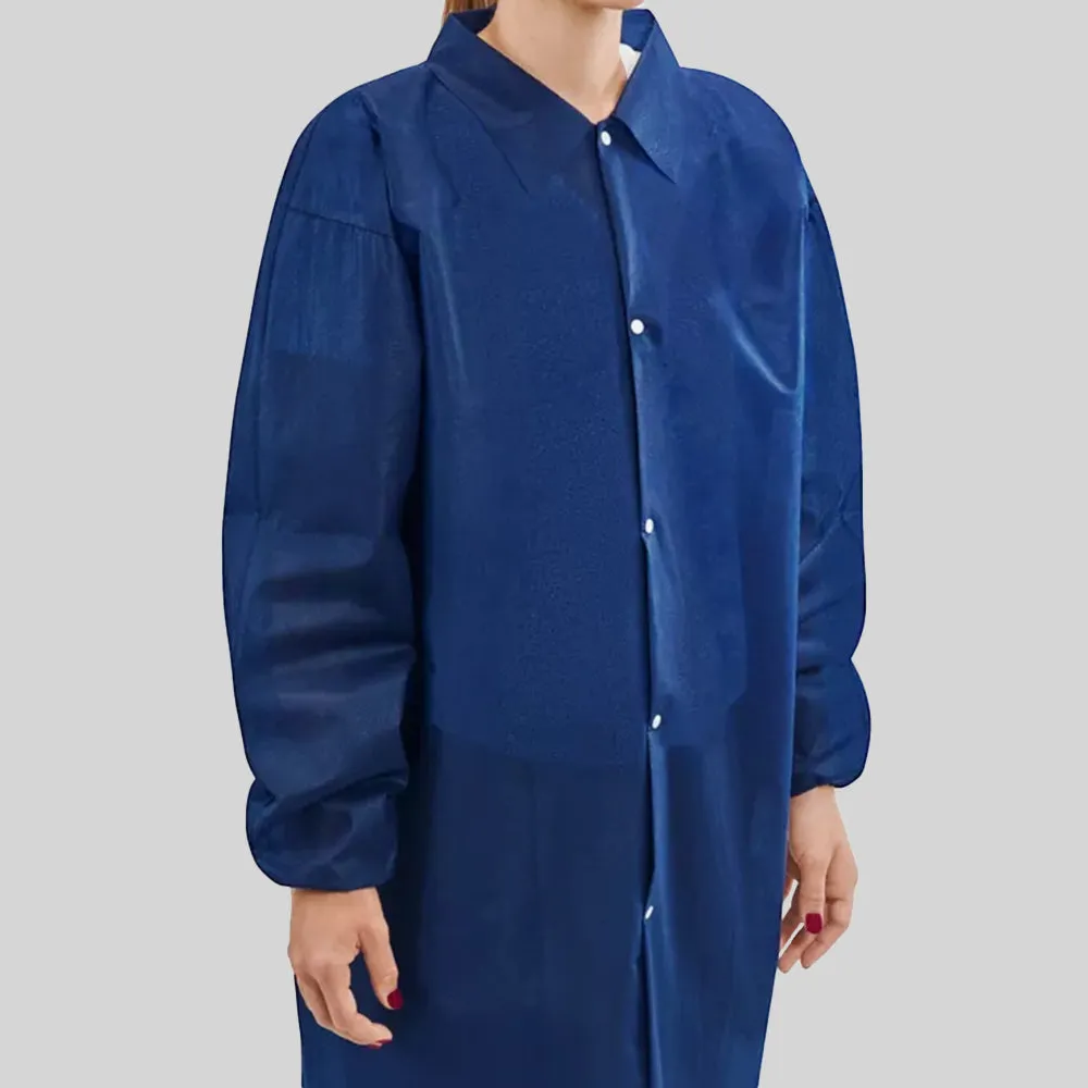 Uline Navy Polypropylene Lab Coats - Snap Front, No Pockets, Latex Free