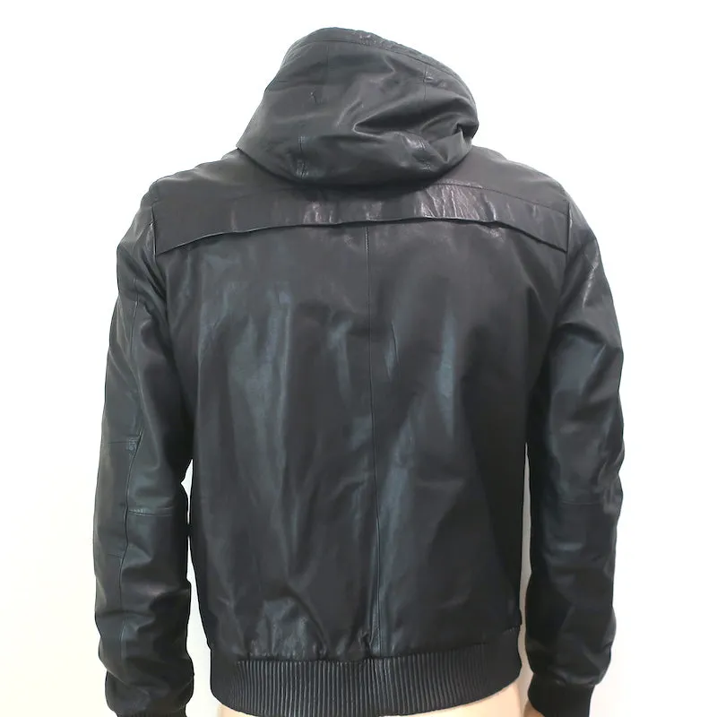 Vince Leather Hooded Bomber Jacket Black Size Medium