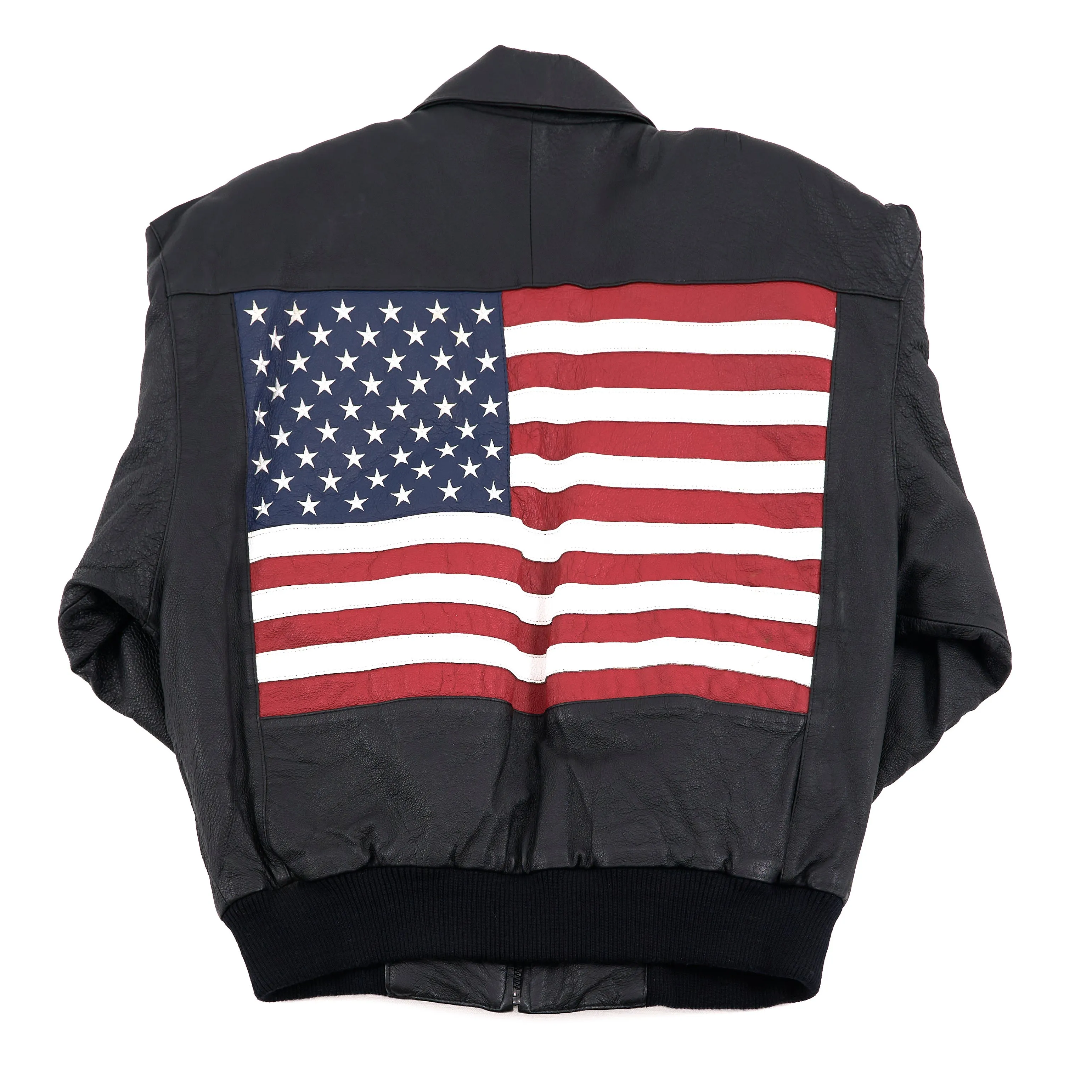 Vintage Leather American and Euopean Flag Patches Bomber Jacket - L