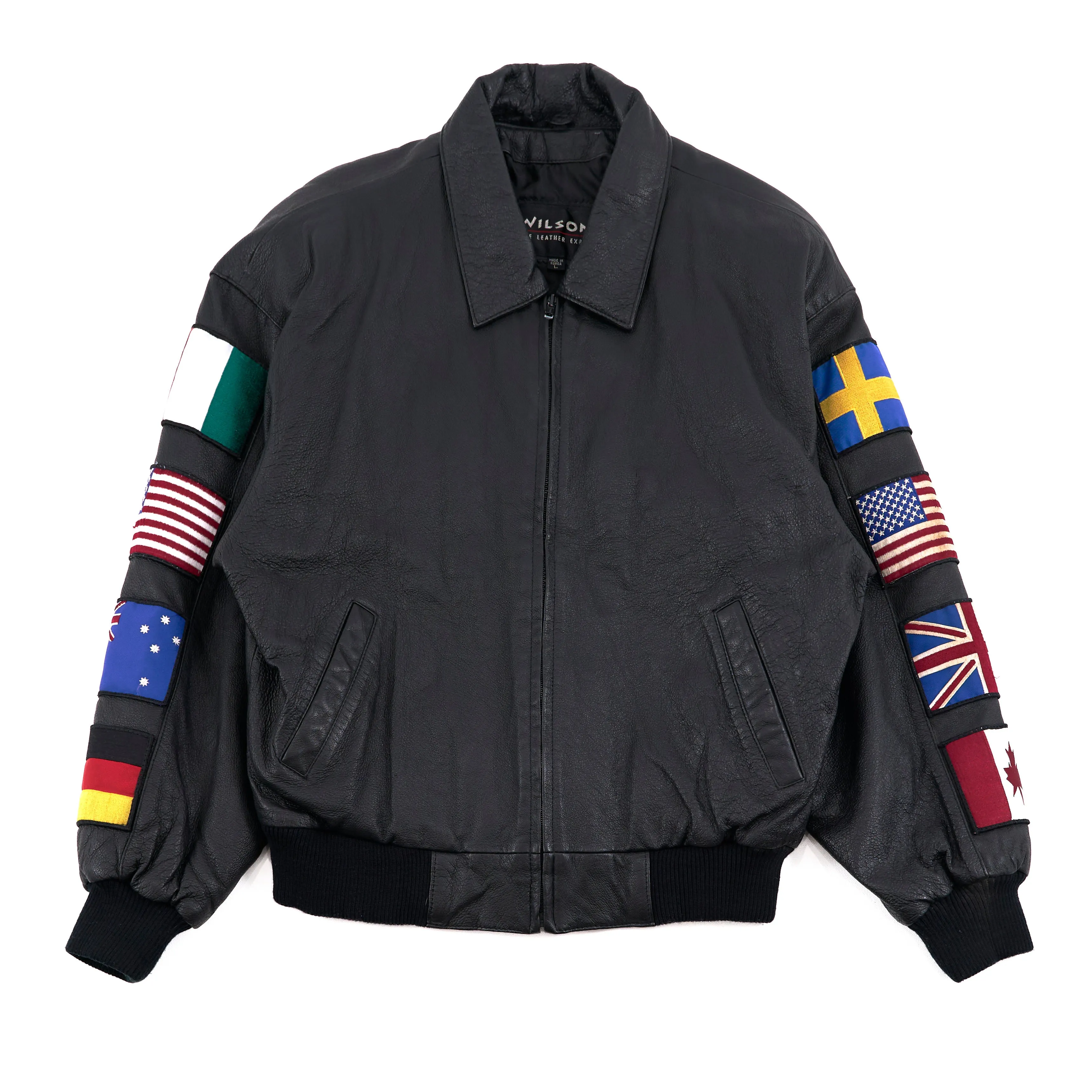 Vintage Leather American and Euopean Flag Patches Bomber Jacket - L