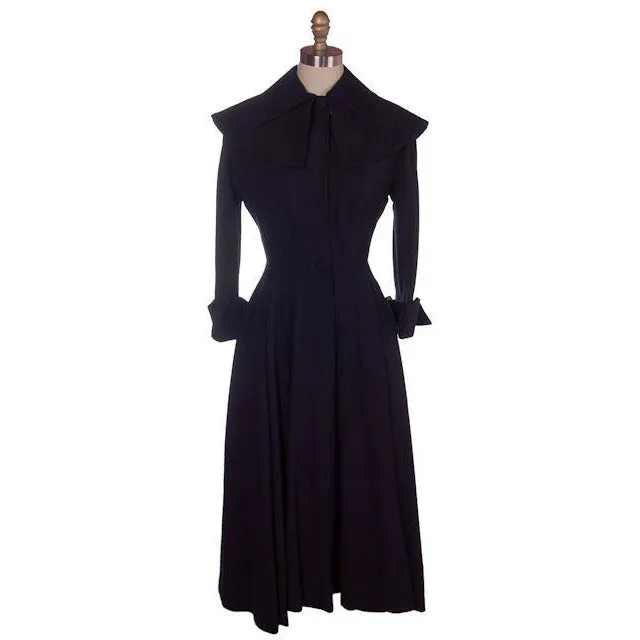 Vintage Navy Blue Crepe Cape Collar Coat Full Skirt Pink Lining 1940s 36-25-Free