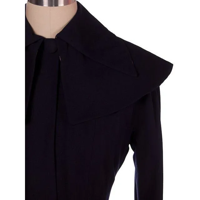 Vintage Navy Blue Crepe Cape Collar Coat Full Skirt Pink Lining 1940s 36-25-Free