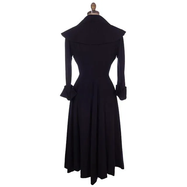 Vintage Navy Blue Crepe Cape Collar Coat Full Skirt Pink Lining 1940s 36-25-Free