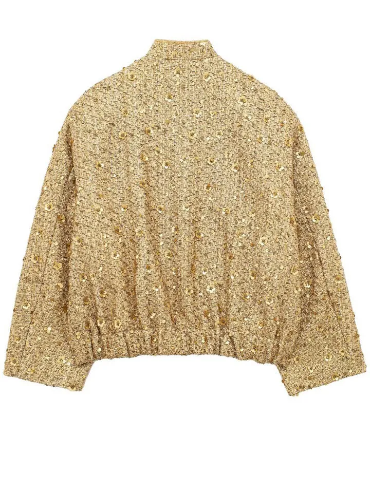 Vogue Shiny Gold Sequins Stand Collar Jackets for Women