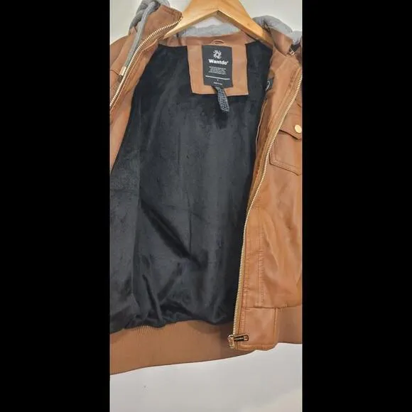 Wantdo Women's Faux Leather Brown Motorcycle Bomber Jacket Removable Hood Small