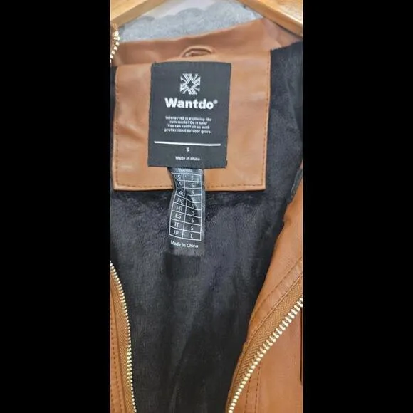 Wantdo Women's Faux Leather Brown Motorcycle Bomber Jacket Removable Hood Small