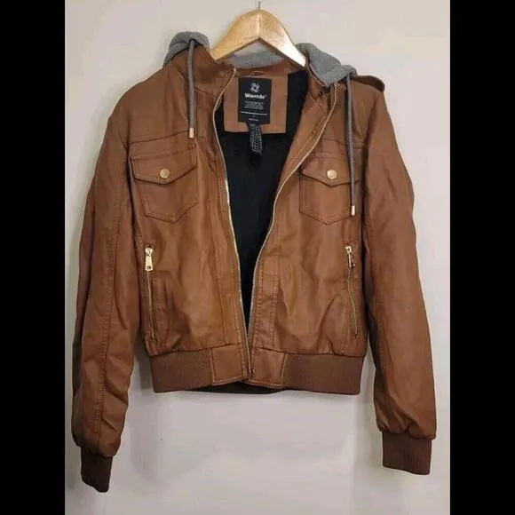 Wantdo Women's Faux Leather Brown Motorcycle Bomber Jacket Removable Hood Small