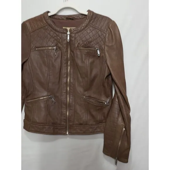 Wilsons Vintage Brown Genuine Leather Biker Bomber Jacket Women M Brown Pockets