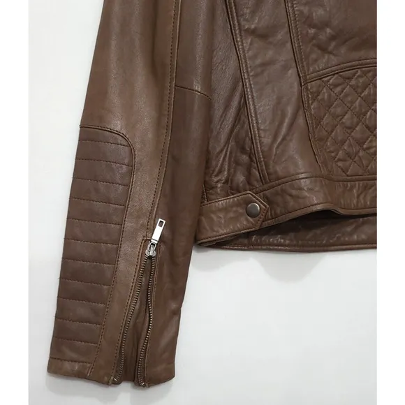 Wilsons Vintage Brown Genuine Leather Biker Bomber Jacket Women M Brown Pockets