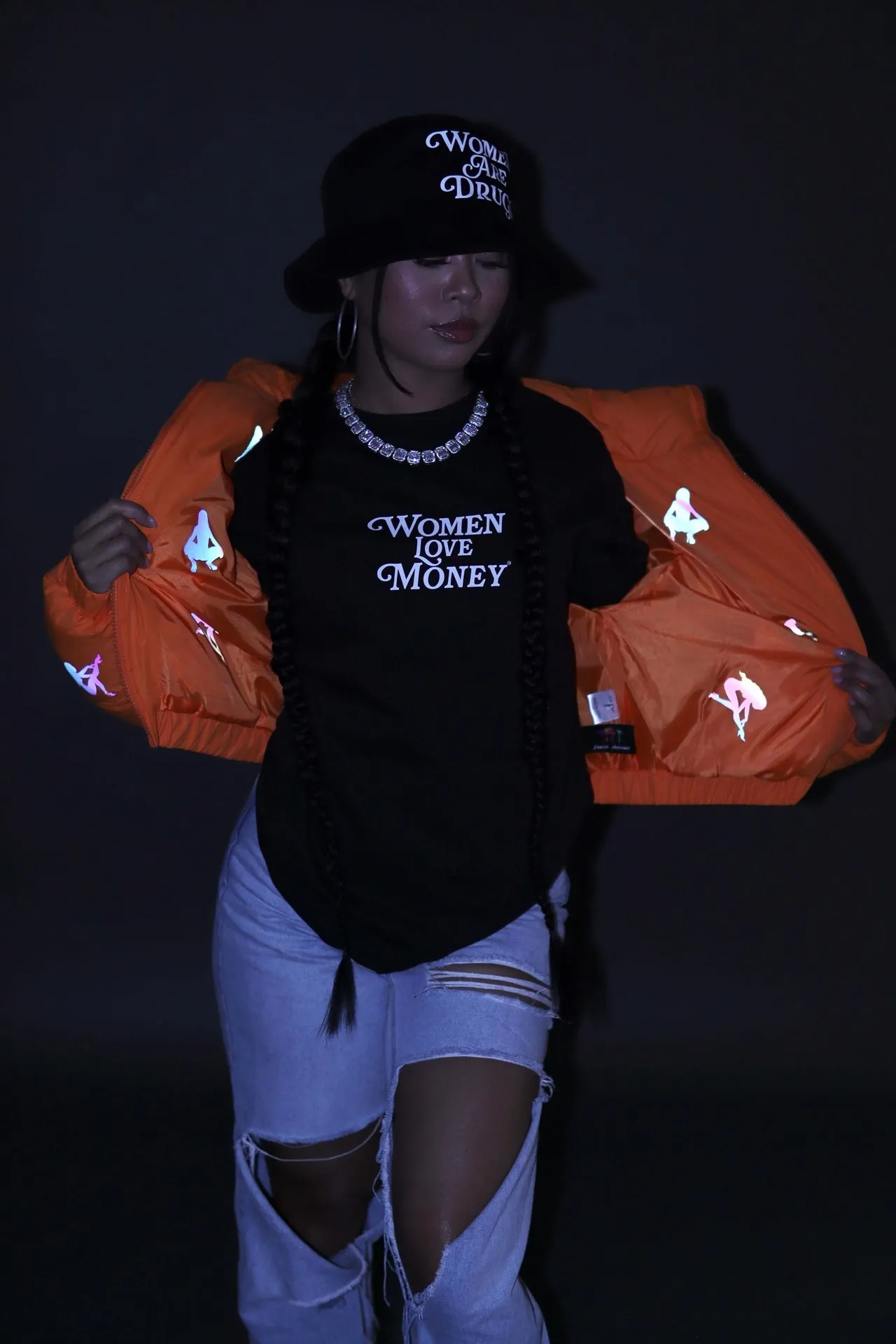 Women Are Drugs (All Over Holo) | Orange Crop Puffer Coat