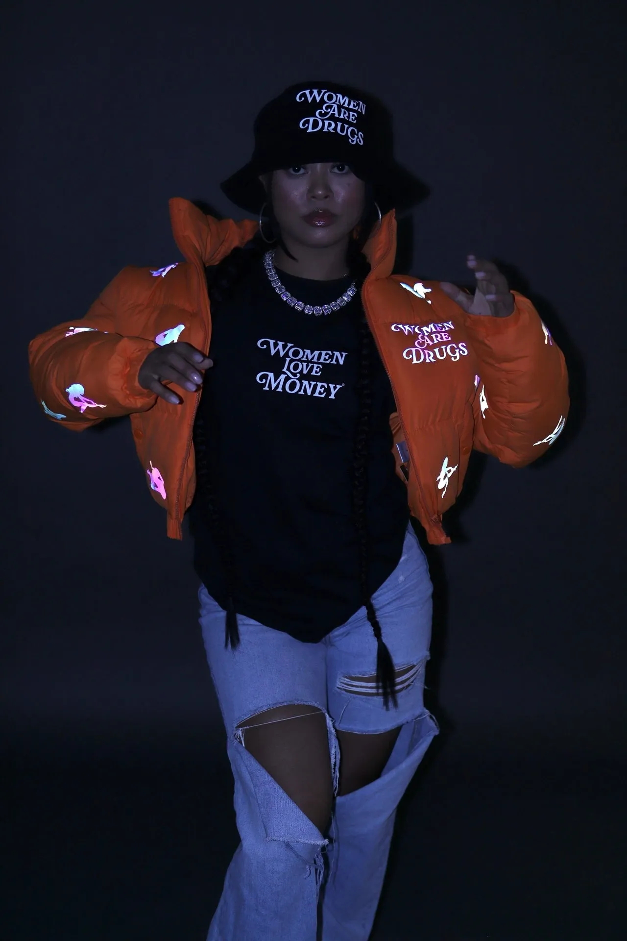 Women Are Drugs (All Over Holo) | Orange Crop Puffer Coat