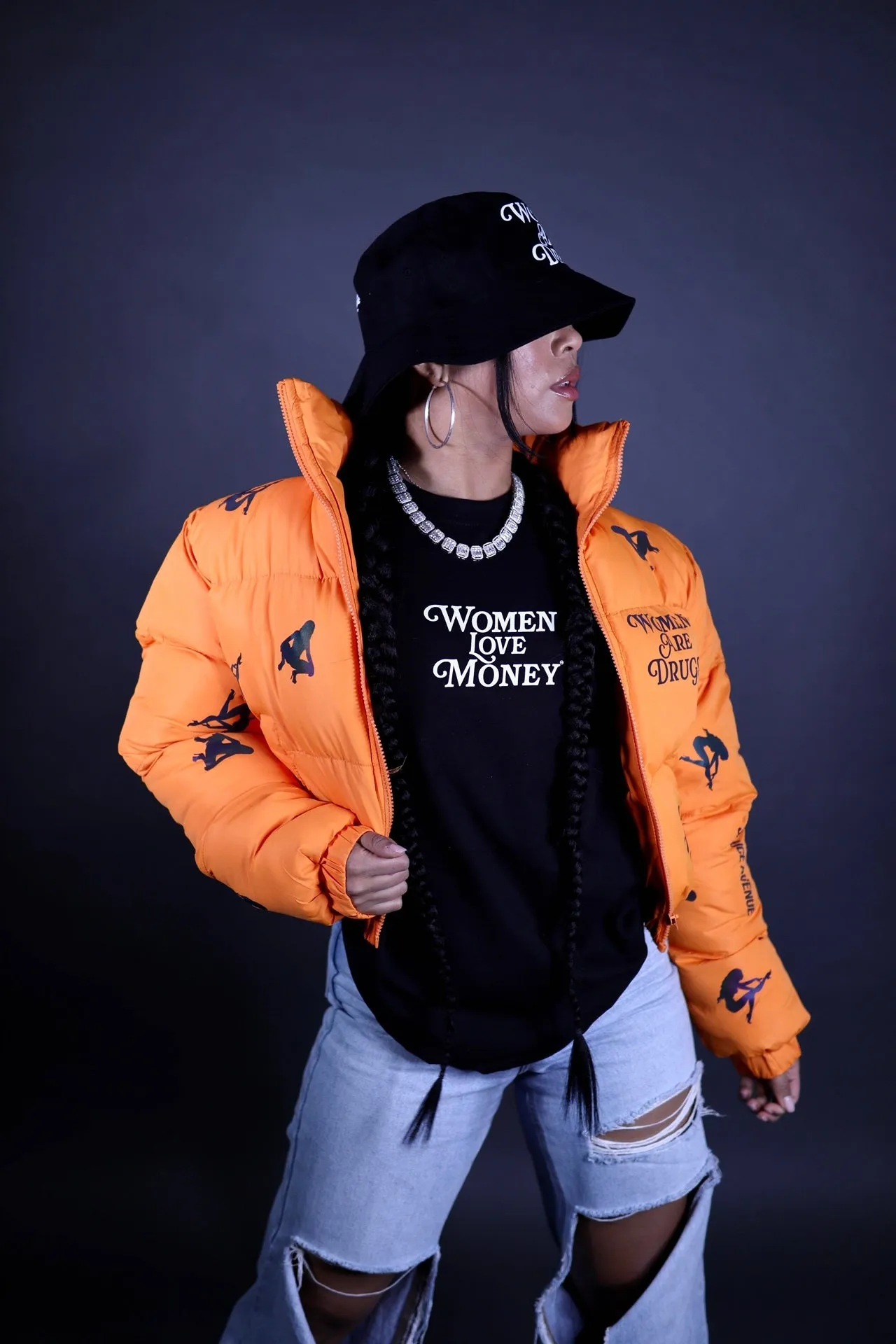 Women Are Drugs (All Over Holo) | Orange Crop Puffer Coat