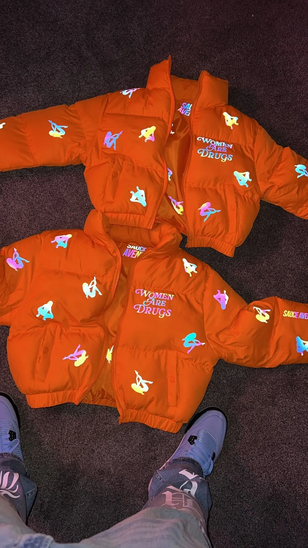 Women Are Drugs (All Over Holo) | Orange Crop Puffer Coat