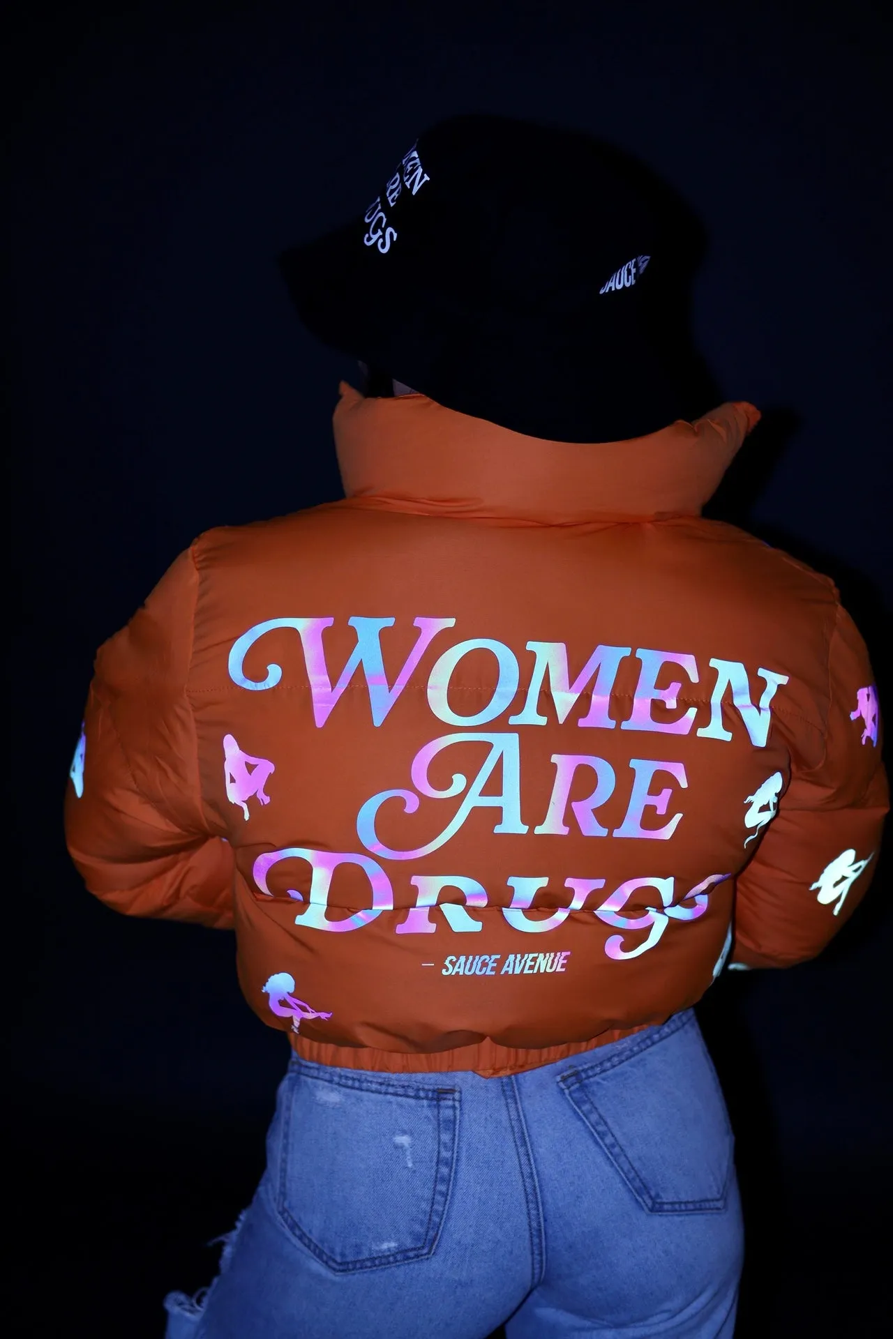 Women Are Drugs (All Over Holo) | Orange Crop Puffer Coat
