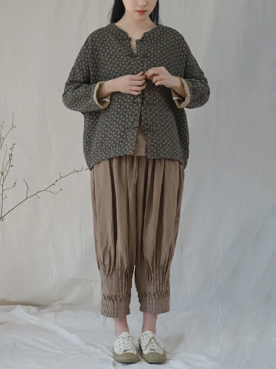 Women Ethnic Autumn Floral Button-up Cotton Coat